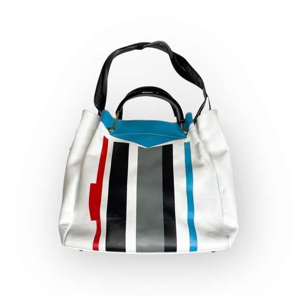 Nicole Lee ᯾ Striped Patchwork 'Have Fun' Satchel Handbag Bag ᯾ Vegan Leather ᯾ - Picture 3 of 16
